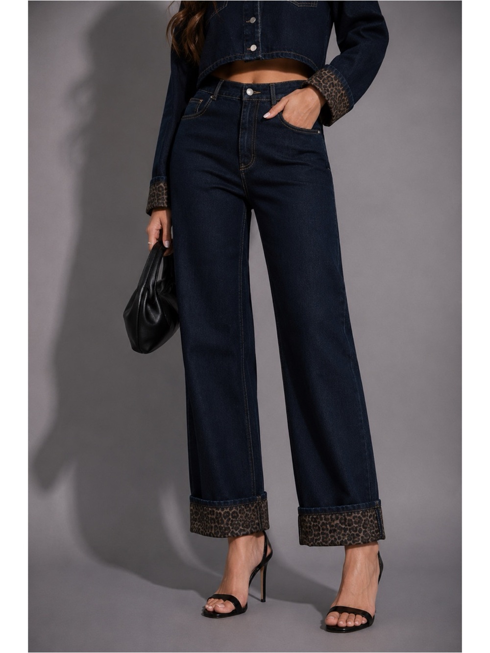 NWT Dark Indigo Leopard Cuff Detail Wide Leg Jeans